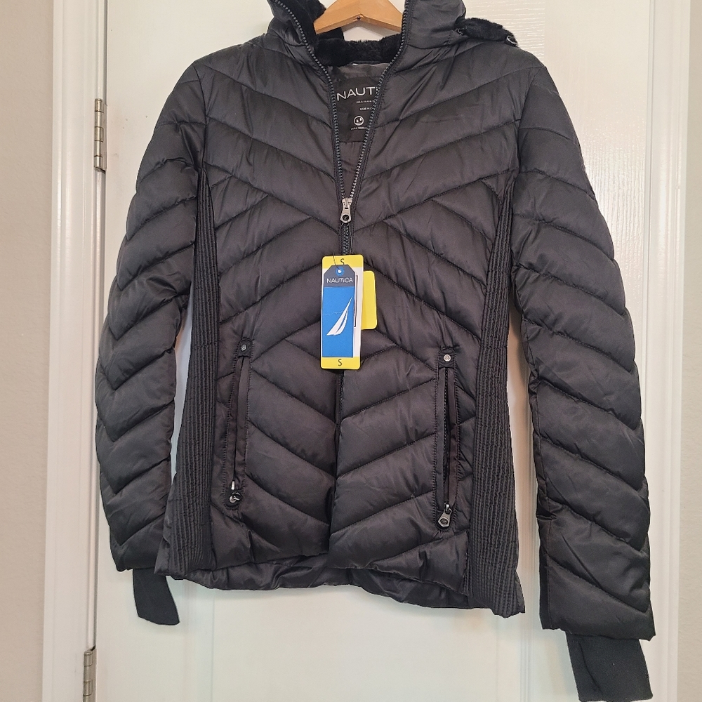 Nautica Black Faux Fur Trim Hooded Quilted Puffer Winter Jacket Women's Small